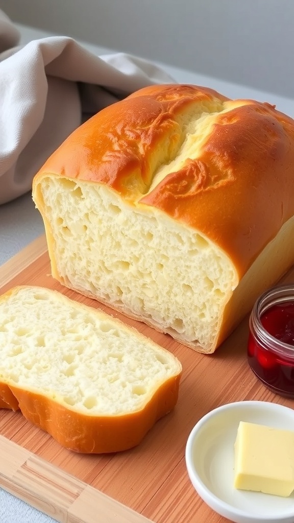 A loaf of Japanese milk bread sliced, showcasing its fluffy texture, with butter and jam on a wooden board.